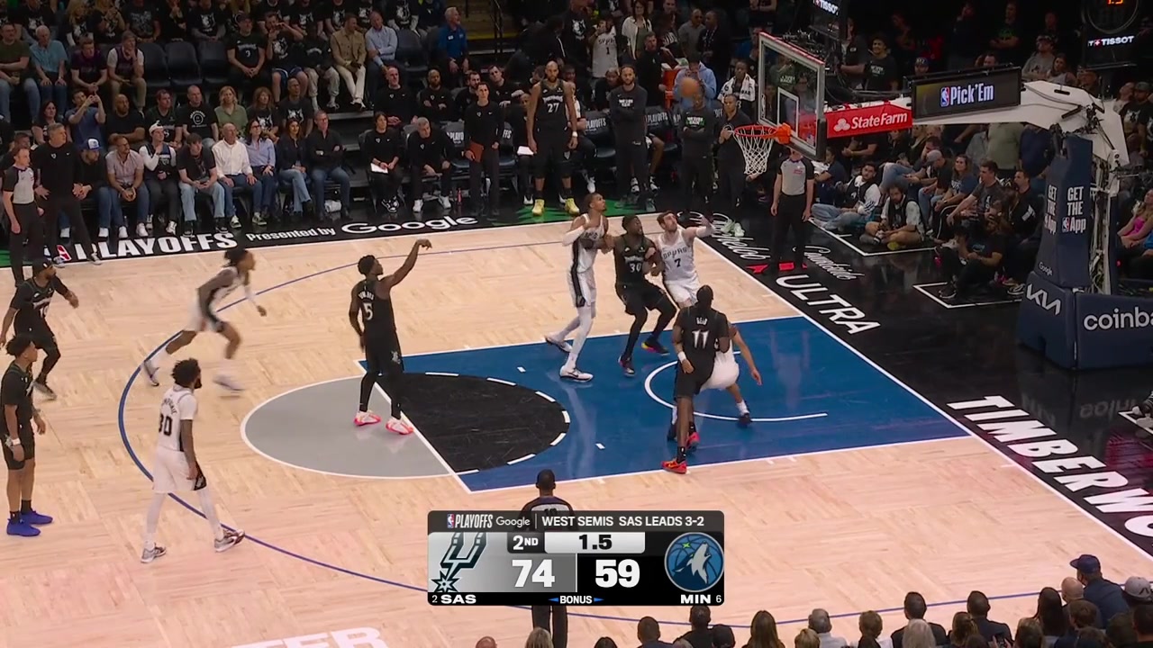 Naz Reid scores the putback off a missed free throw by Anthony Edwards cutting the Spurs' lead to 13 before halftime