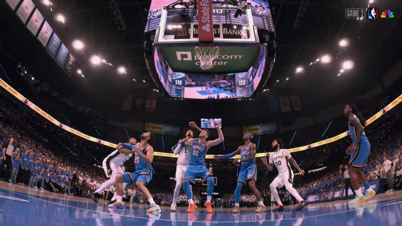 Wemby hooks Hartenstein's arm allowing the Spurs to grab the offensive board Ajay Mitchell pulls up injured on the play