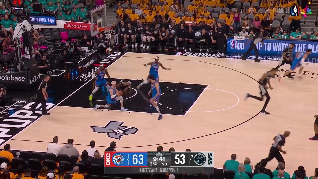 Shai Gilgeous-Alexander attacks the basket draws Julian Champagnie and Victor Wembanyama and finds Chet Holmgren for the dunk with a bounce passThe Thunder are up 12