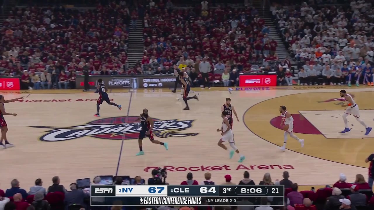Karl-Anthony Towns with a laser pass to Mikal Bridges for the easy bucket under the rim as James Harden is slow to reactDonovan Mitchell attempts something similar the Cavaliers turn the ball over and OG Anunoby with a beautiful bounce pass to Bridges for the fastbreak layup
