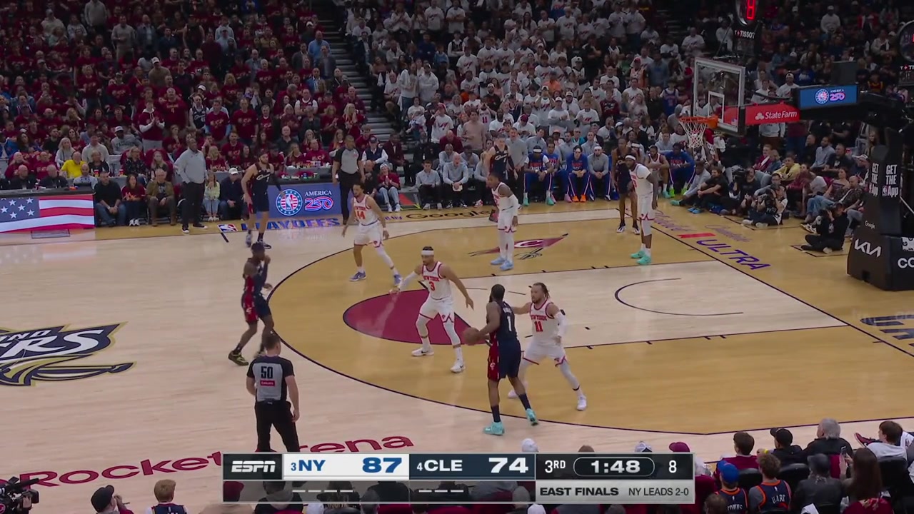 Sam Merrill banks in the 3-pointer from the wing and Max Strus is upset after he was called for the foul as Brunson draws the foul from him with replays