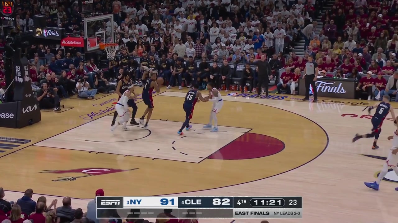 The New York Knicks with a lockdown defense forcing a 24-second violation on the Cavaliers as Donovan Mitchell airballs the tough deep 3 to beat the shot clock