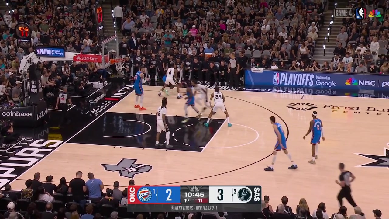 Victor Wembanyama rejects the driving dunk attempt by Chet Holmgren who gets another dunk but it was a shot clock violation by then with a replay