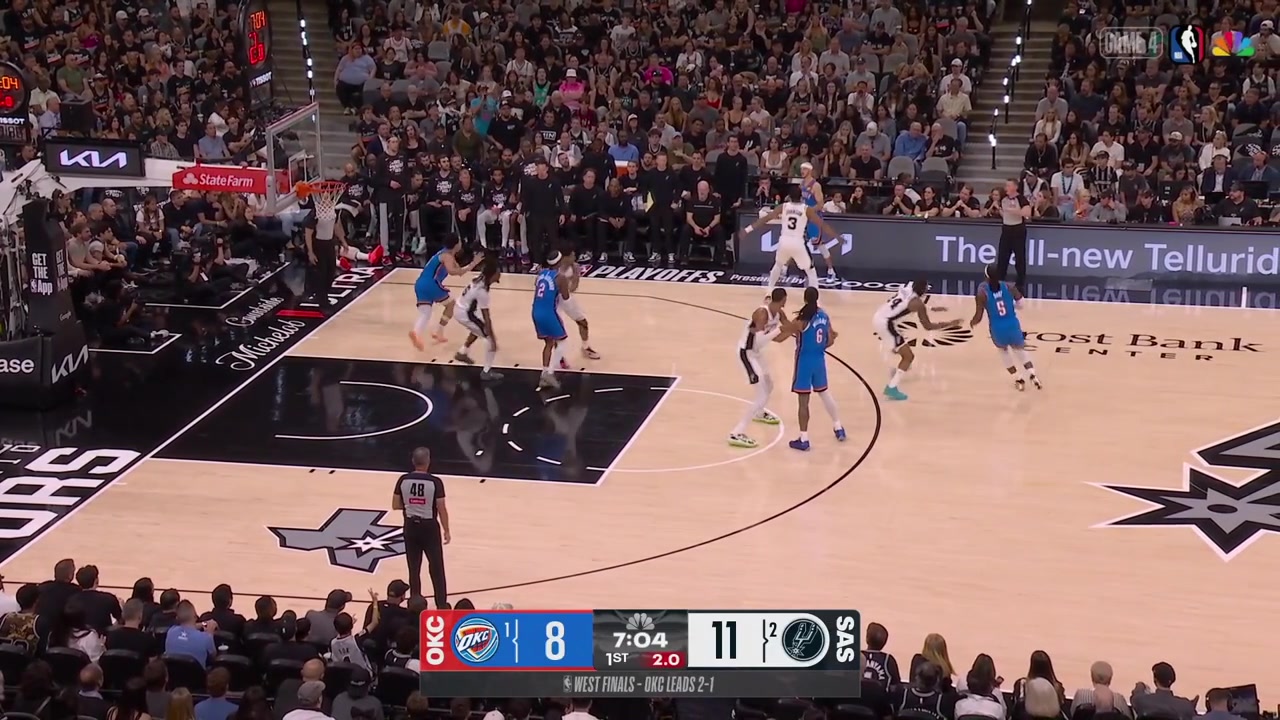 Victor Wembanyama grabs his 1st rebound of the night passes to Keldon Johnson who makes the driving layup through contact and it gets MItch Johnson hyped