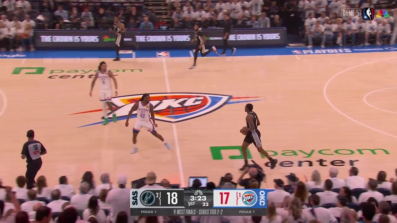 Victor Wembanyama with the alley-oop dunk over Shai Gilgeous-Alexander for his first points of the night with replays