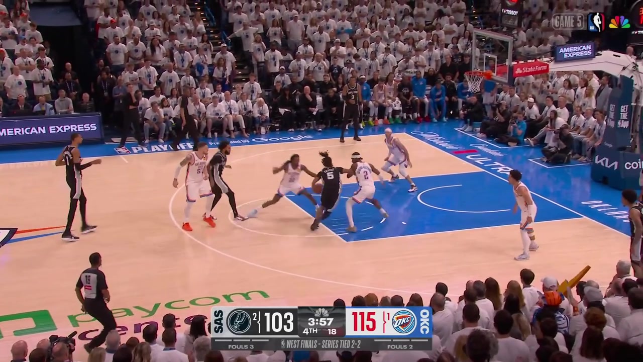 Jared McCain hits a big 3-pointer off the offensive rebound putting the Thunder up 15 with 342 minutes remaining in regulation with a replayThe Thunder are close to win Game 5 and go up 3-2 in the series