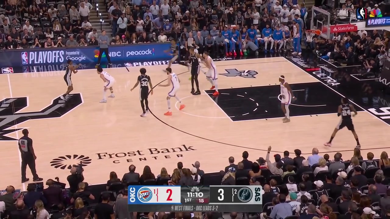 Victor Wembanyama with back to back 3s and a block on Jared McCain to start Game 6 with replaysThe Thunder take a timeout 87 seconds into the game
