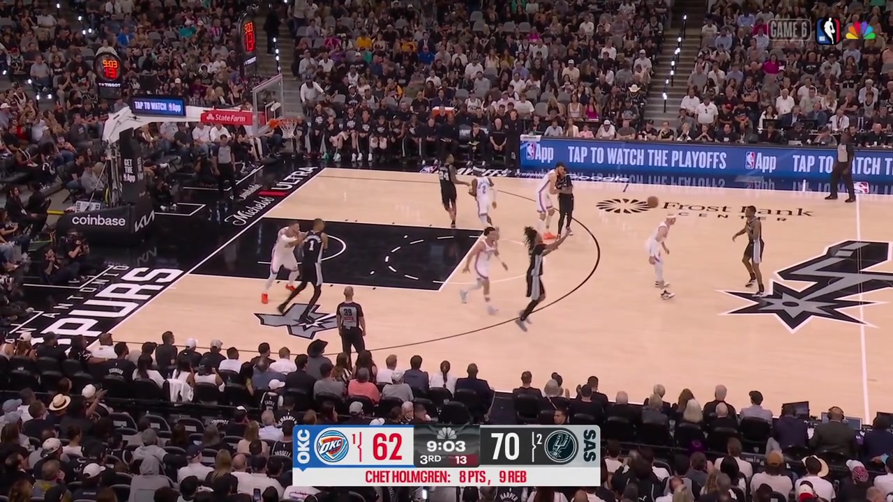 Victor Wembanyama gets fouled by Isaiah Hartenstein on the alley-oop dunk attempt and the Thunder do not comply with replaysWemby receives 'MVP' chants