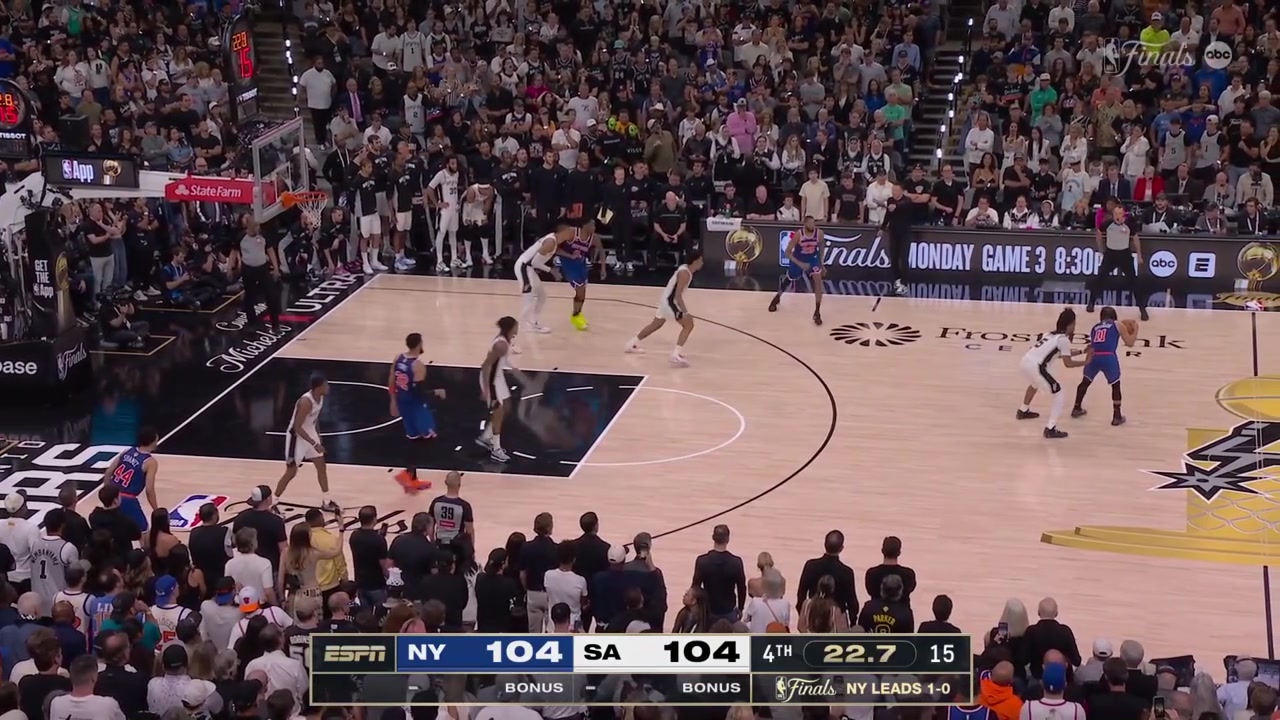 Jalen Brunson misses the jumper over Victor Wembanyama who passes to Stephon Castle who isn't looking and the ball bounces off his back to Brunson and Wemby fouls himBrunson splits the clutch free throws to give the Knicks the lead and the Spurs call a timeout