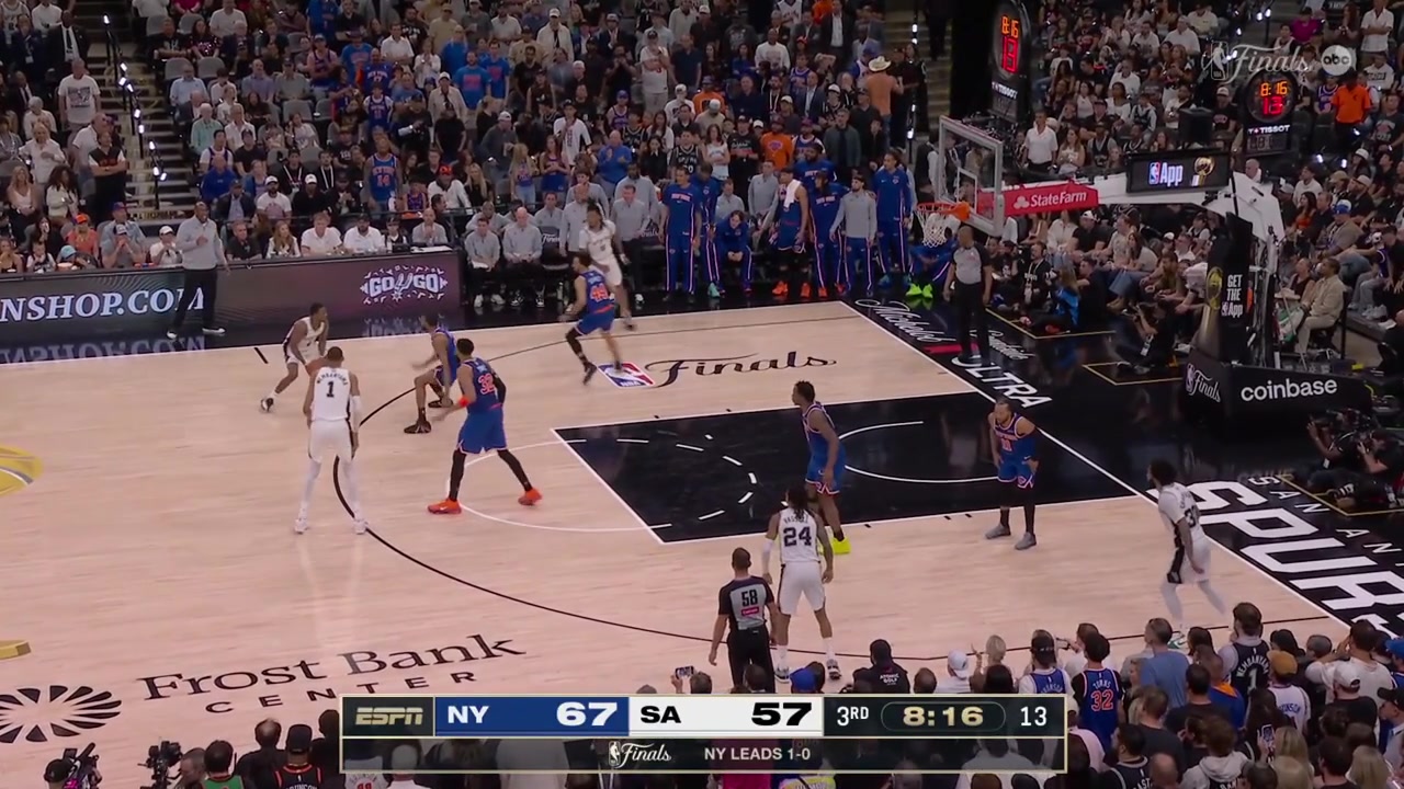 Victor Wembanyama is called for the offensive foul as Mikal Bridges is sent flying with a replay