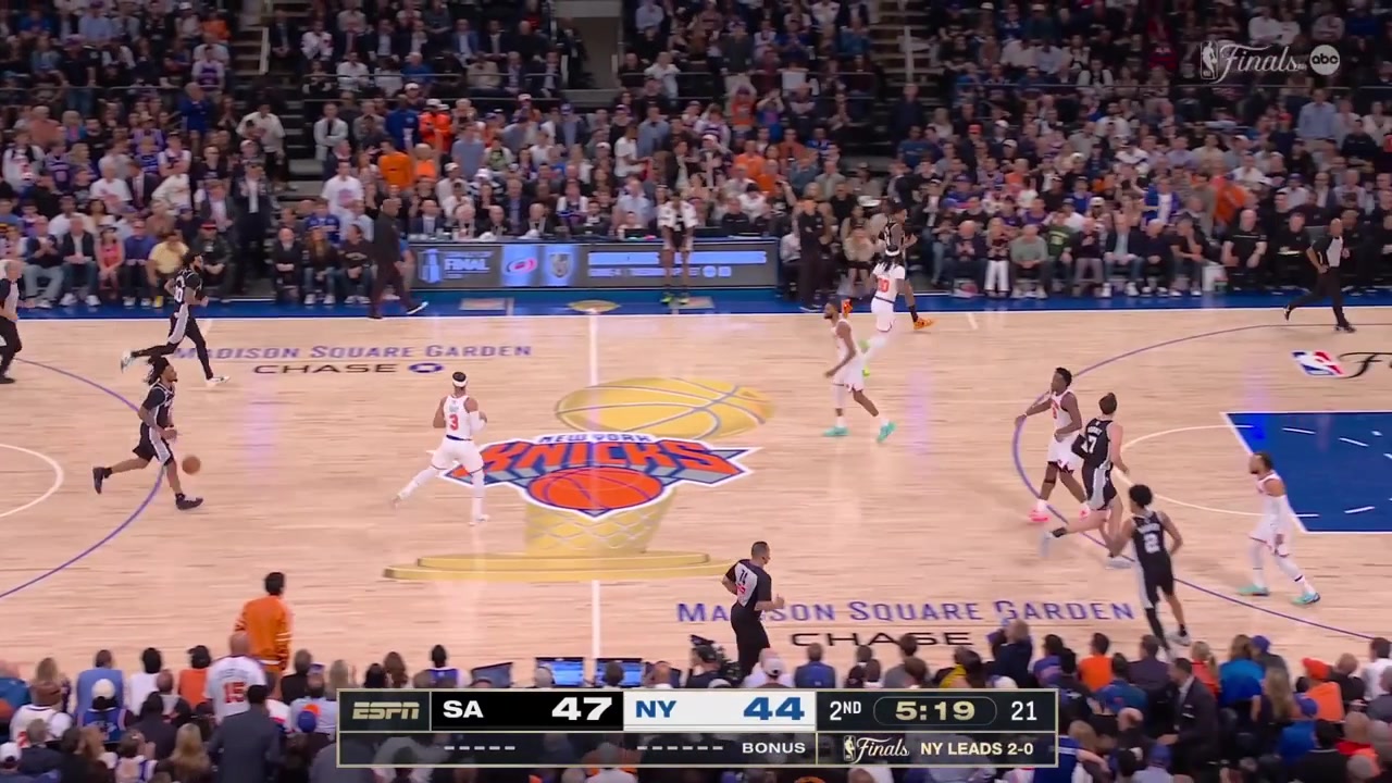 Stephon Castle scores the tough bucket through contact while falling down and then asks the referee Where's the foul as the Knicks take a timeout18 Points for Castle