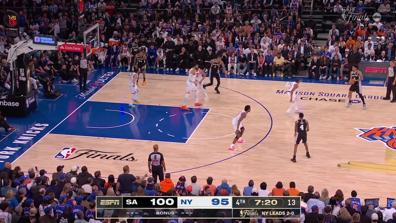 Karl-Anthony Towns bumps into Victor Wembanyama grabs both of his arms and the ball goes out of bounds off WembyThere is no foul call and the Spurs successfully challenge the callWemby makes both free throwsWith replays