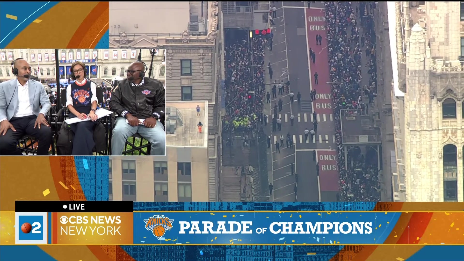 A bird's-eye view of the number of Knicks fans waiting for the parade including rooftops