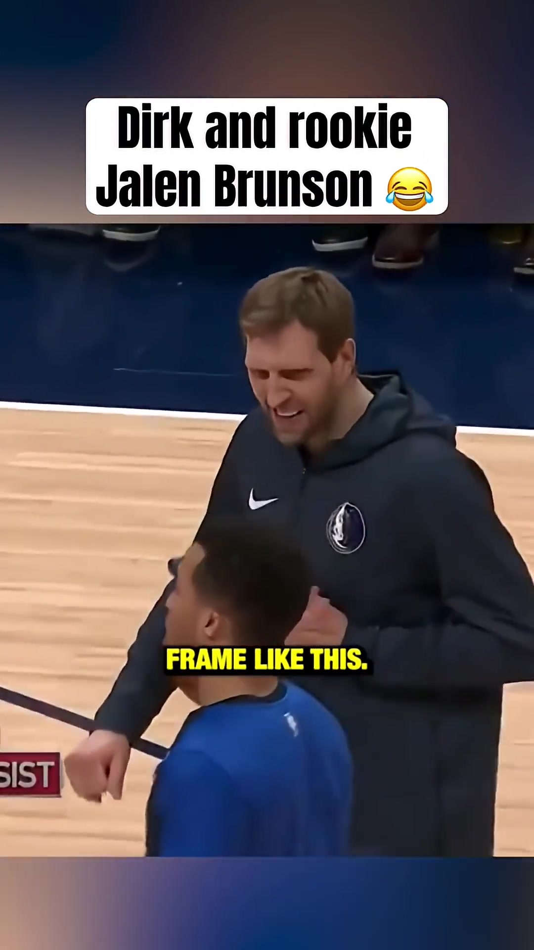 Dirk Nowitzki Talking To Rookie Jalen Brunson In college you never saw a frame like this 7 footer mobile shoot move This ain't no college killa This is the real deal here