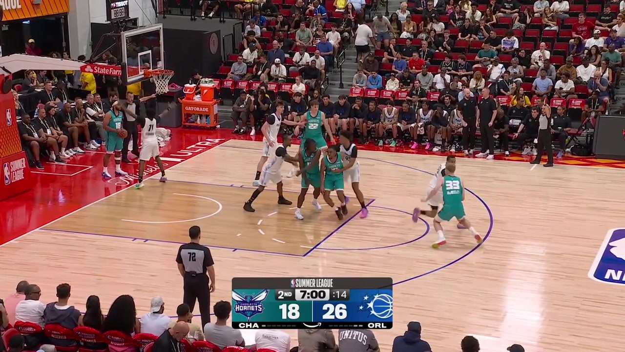 Hannes Steinbach finds Liam McNeeley for the 3-pointer Steinbach fights for a rebound and scores his first Summer League points then McNeeley with the beautiful ball fake and layup another triple and Steinbach with the nice reverse layupWith replays
