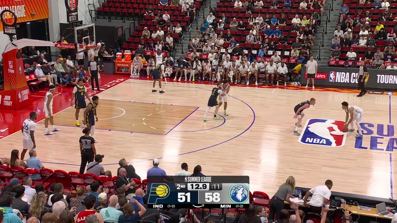 Zyon Pullin hits the step back jumper Jalen Slawson looks back on the shot clock above his team's backboard while grabbing the inbound pass and Jaylin Williams notices it strips the ball off him and dunks at the end of the 1st half with force with replays