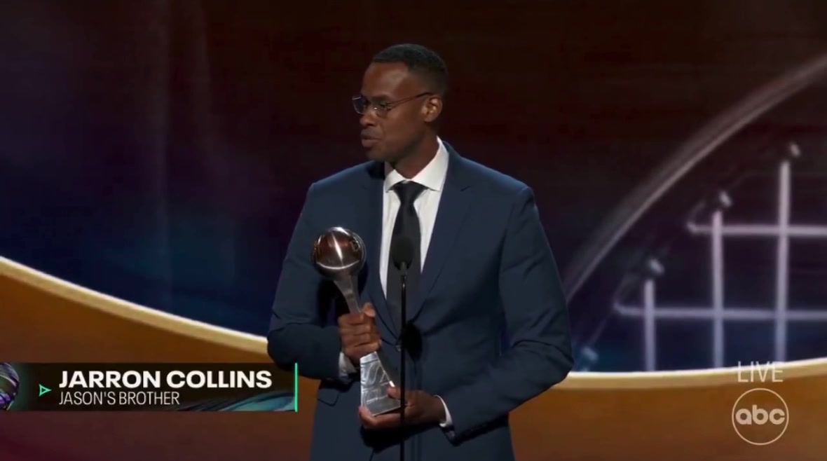 ESPY Awards The courage he showed and the way he moved in this world truly made him a trailblazer -Jarron Collins accepts the Arthur Ashe Award for Courage on behalf of his brother Jason Collins for Jasons impact on LGBTQ visibility in pro sports