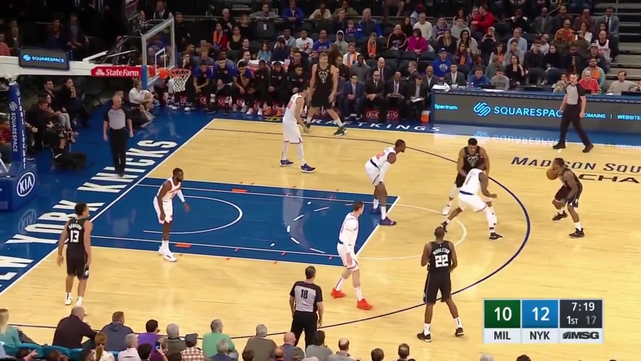 Mario Hezonja steps over and stare down Giannis Antetokounmpo after a fastbreak dunkGiannis with the steal the angry lefty dunk in transition and the bump into Noah VonlehKnicks Bucks and DirectTV Spanish broadcasts With replays 12118