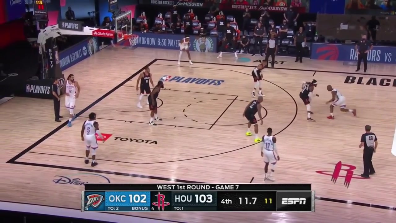 James Harden with a great clutch block on Lu Dort's 3-point attempt in Game 7 with replaysHarden then does the split in mid-air to avoid Dort's attempt to throw the ball out of bounds off him 922020