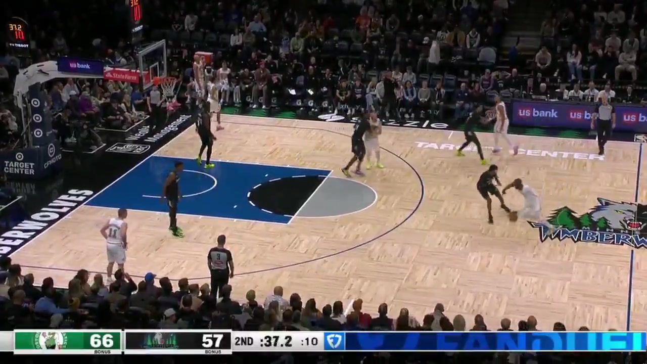Jaylen Brown hits the step-back three for his fourth triple of the first half