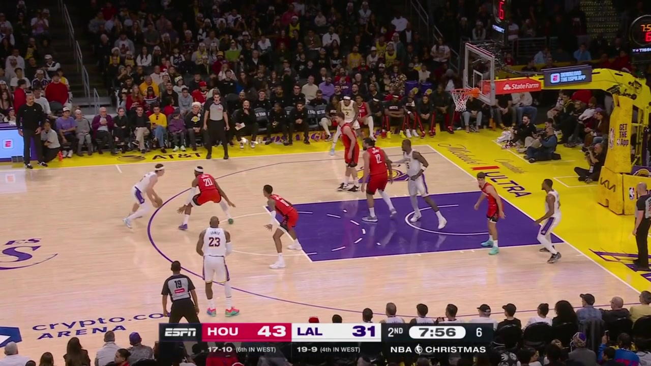 LeBron James with the lefty layup to beat the shot clock and Marcus Smart with the steal and the fastbreak layup at the other end Rockets timeout