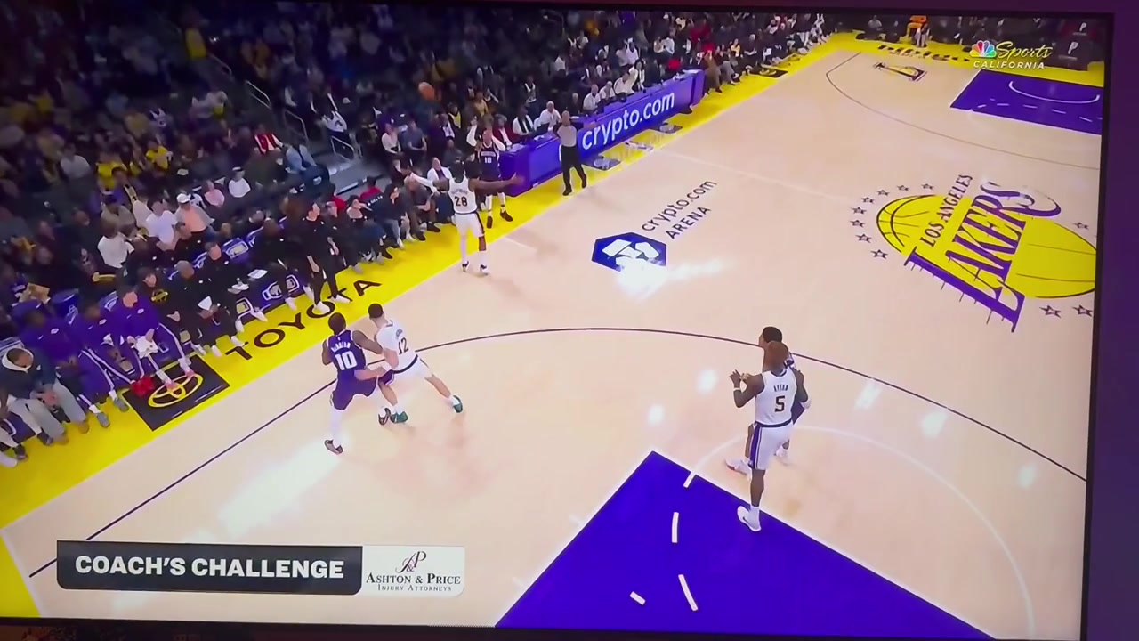 The Lakers challenge a play up 28 points with 4 minutes left in the fourth quarter