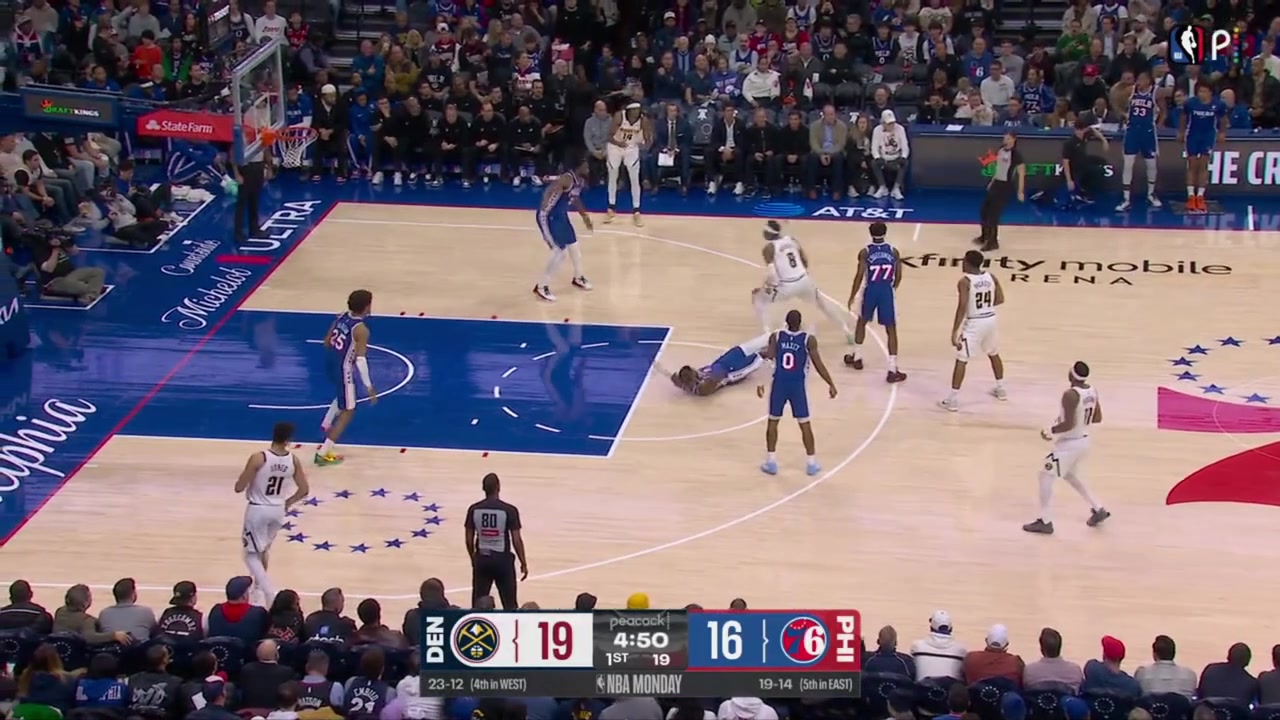 Peyton Watson drives through Paul George who wanted a charge meets Joel Embiid at the rim and misses the dunk attempt but draws the foul He makes both free throws