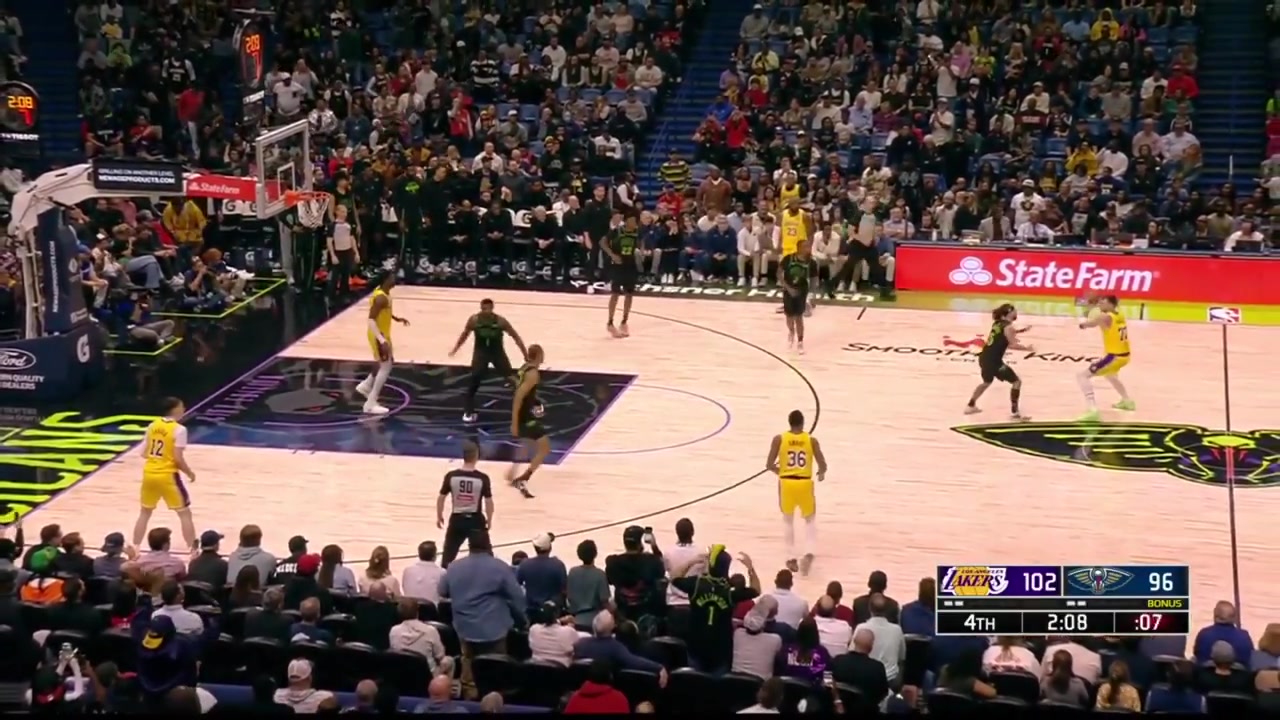Luka Doncic hits a fadeaway 3 to beat the shot clock off a screen by LeBron James late in the 4th quarter LeBron headbutts him and falls into joy too with replays Lakers and Pelicans commentaries