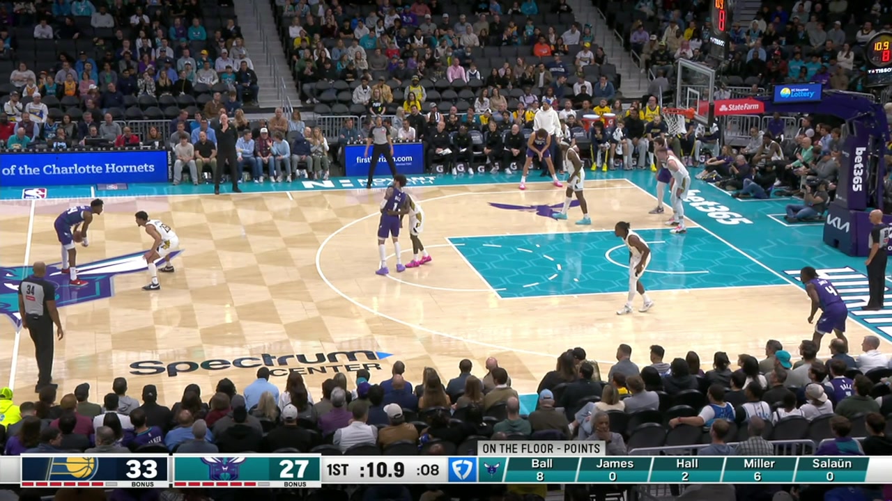Jerace Walker hustles to save the bal and the it reaches LaMelo Ball who banks in the off-balance buzzer-beater 3 off one leg to end the first quarter with replays Hornets and Pacers commentary