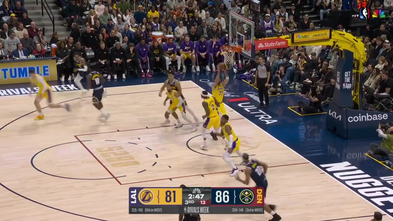 Jake LaRavia cannot handle the ball due to nice defensive work by Jamal Murray and Spencer Jones easily finishes the fastbreak layup on Luka Doncic at the other end