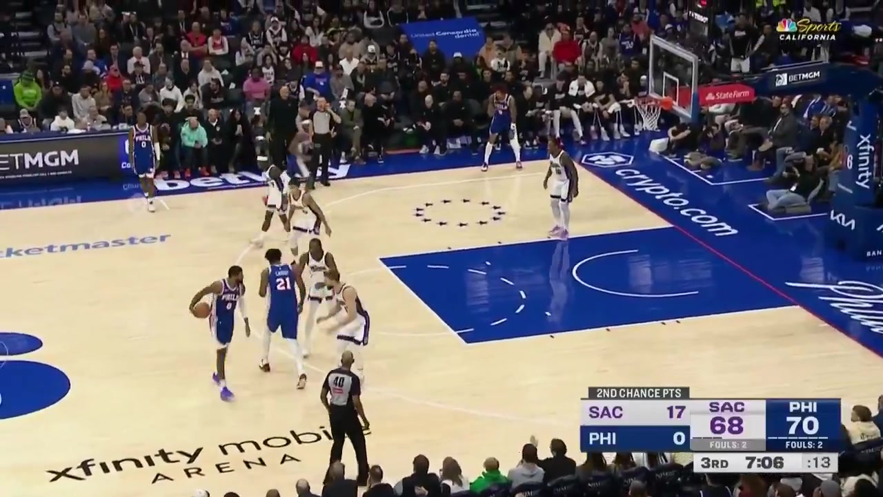 Nique Clifford blocks Paul George at the rim setting up Domantas Sabonis's tip-in off the DeMar DeRozan alley-oop pass