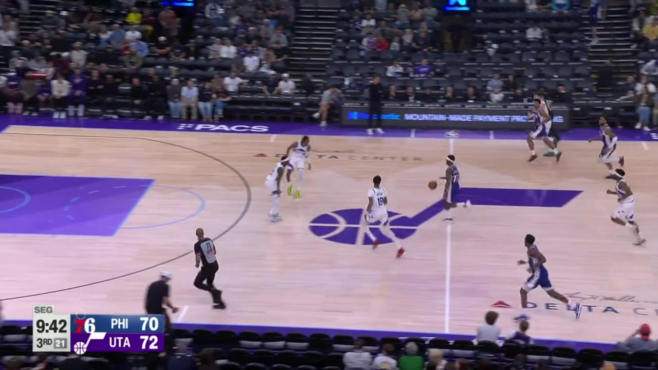 Ace Bailey blocks Justin Edwards and then soars for the powerful alley-oop dunk at the other end with replays