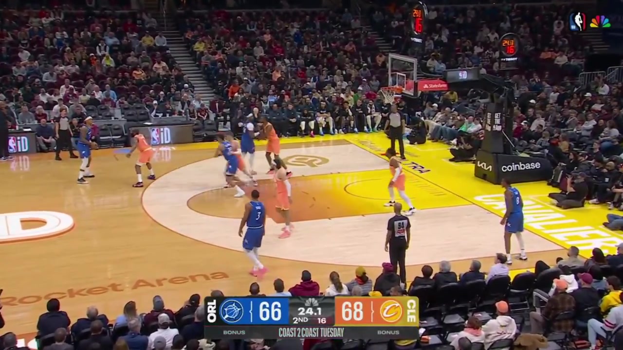 Paolo Banchero dribbles dribbles dribbles goes around the Cavaliers defense through the baseline and scores the reverse layup to beat the shot clock and James Harden hits the tough step back 3 And-1 over Banchero to end the 1st half with replays NBC and Cavaliers commentaries