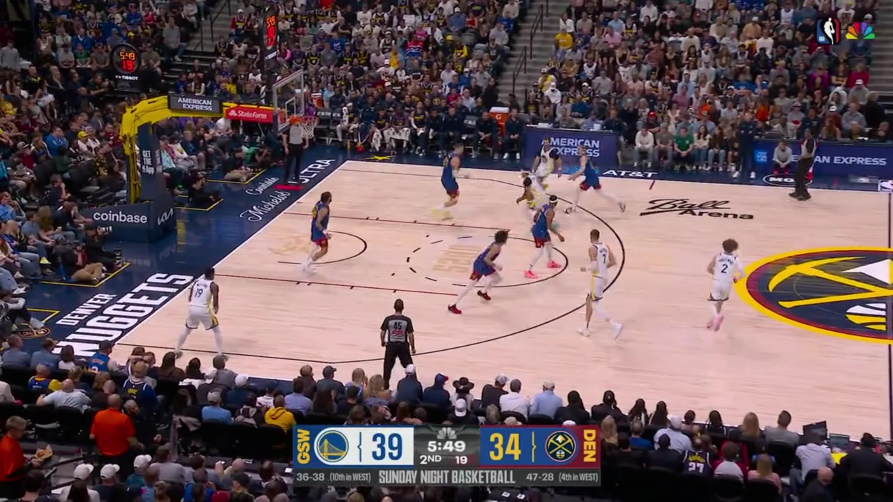 Gary Payton II with the floater over Nikola Jokic Brandin Podziemski with the block and Kristaps Porzingis with the deep 3Nuggets take a timeout