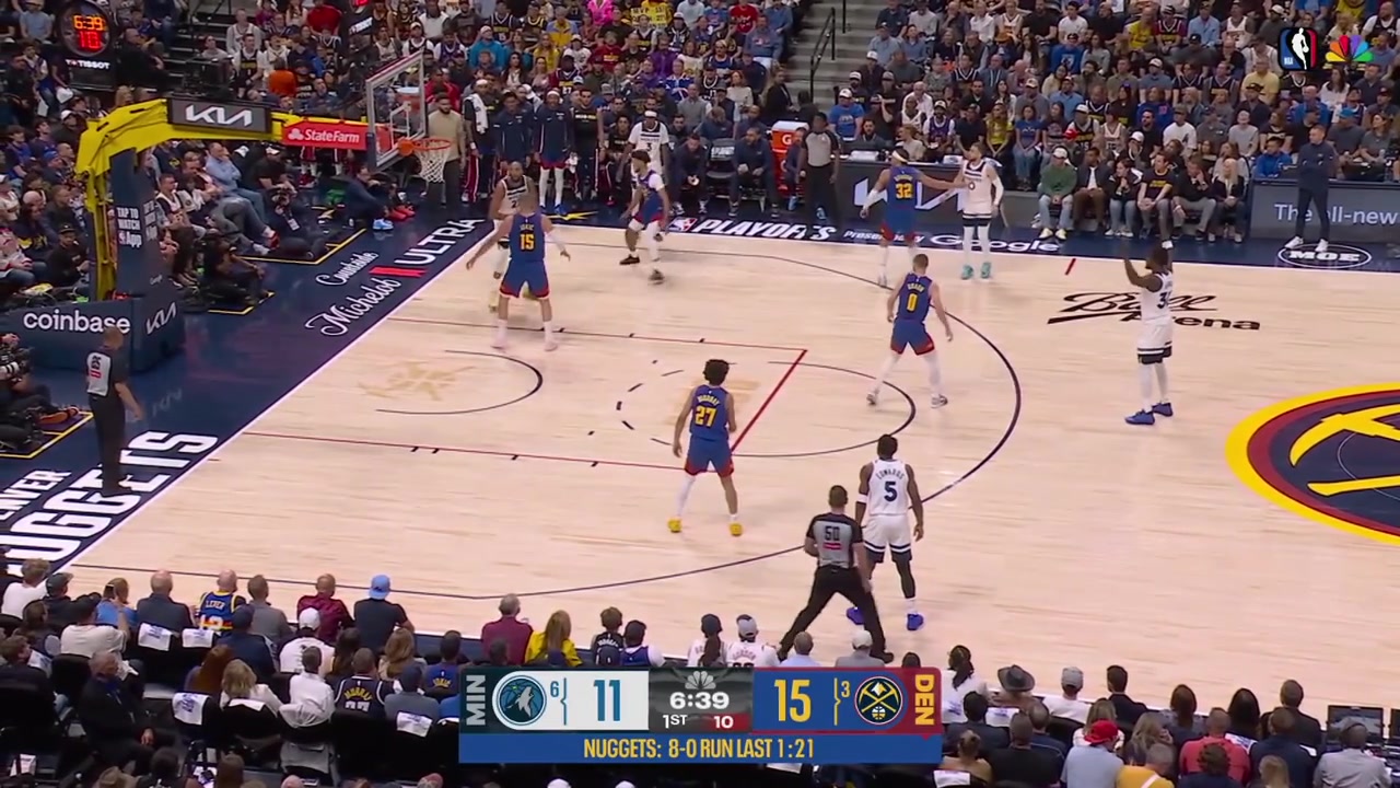 Rudy Gobert misses the floater over Nikola Jokic who passes to Christian Braun for the fastbreak And-1 bucket on Julius Randle - Timberwolves timeout with a replay