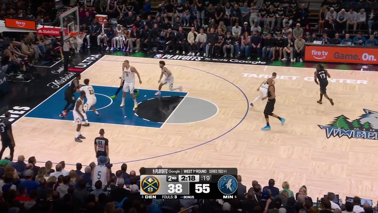 Julius Randle spins on Cameron Johnson and easily goes around Nikola Jokic in the paint for the dunk with replays