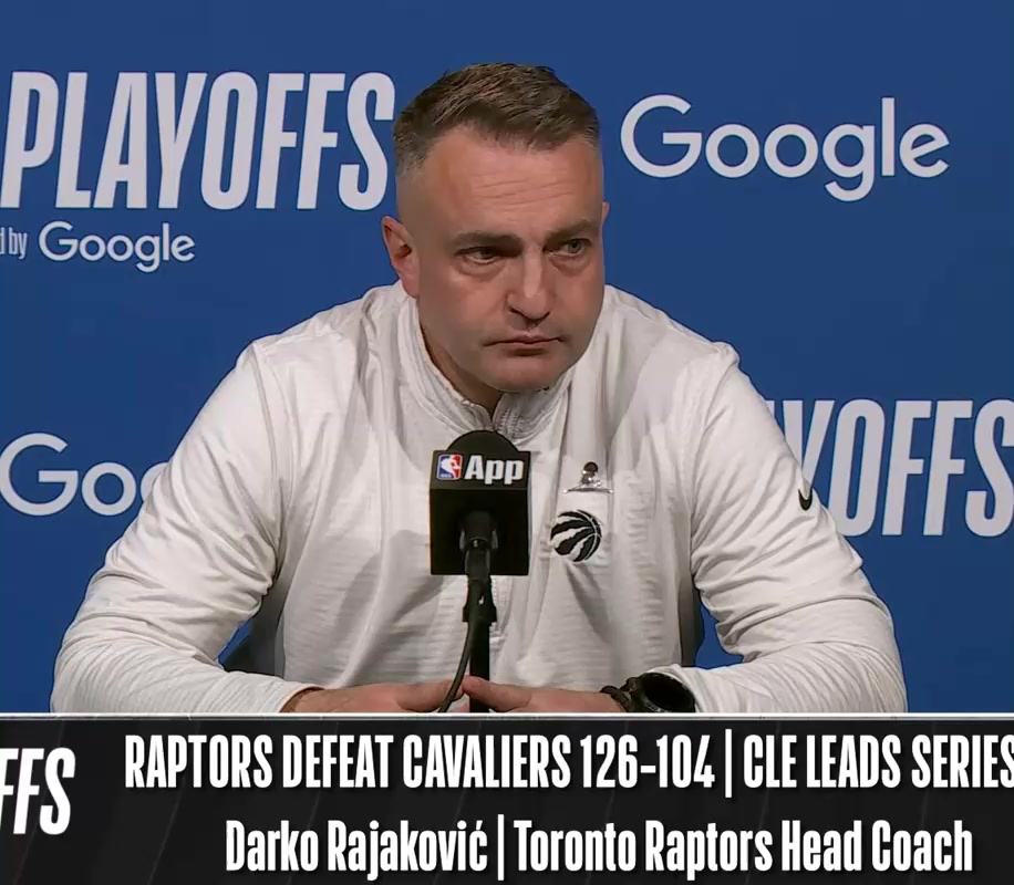 Toronto Raptors coach Darko Rajakovi compliments the reporters movie like voice before answering his question