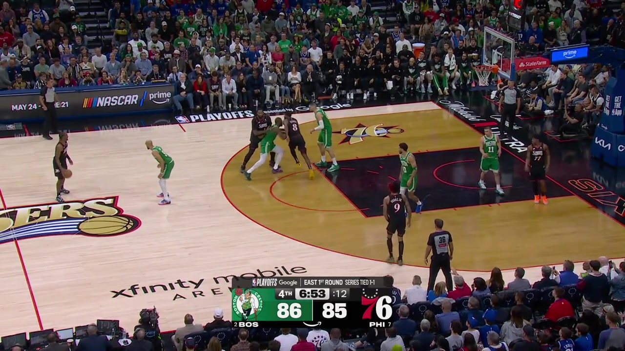 Jaylen Brown intercepts the pass by Tyrese Maxey and finds Derrick White for the layup and shortly after banks in the tough shot inside the paint with replays