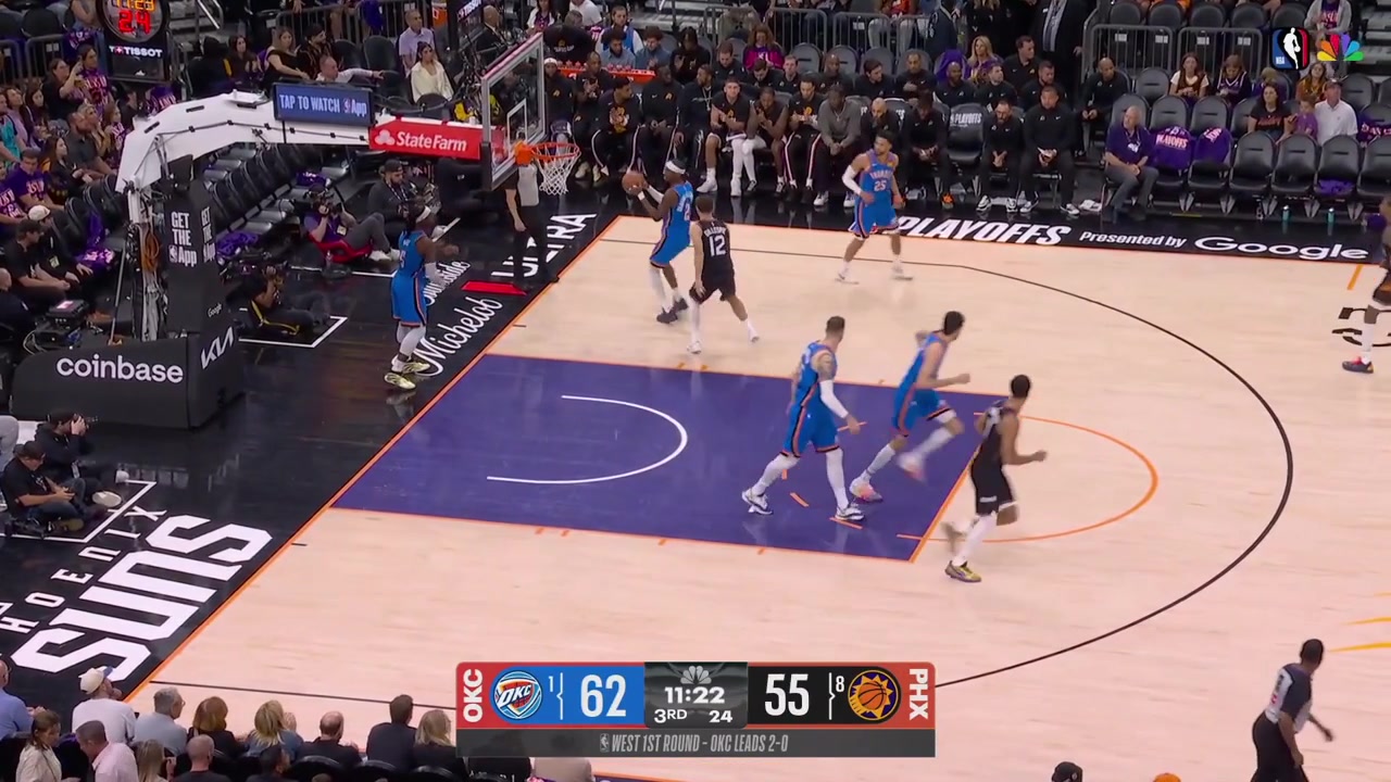 Shai Gilgeous-Alexander's elbow hits the face of Collin Gillespie in mid-court as they both fall on the floor Gillespie is called for the foul but the Suns successfully challenge the call 2nd and final challenge - offensive foul on SGA insteadWith replays