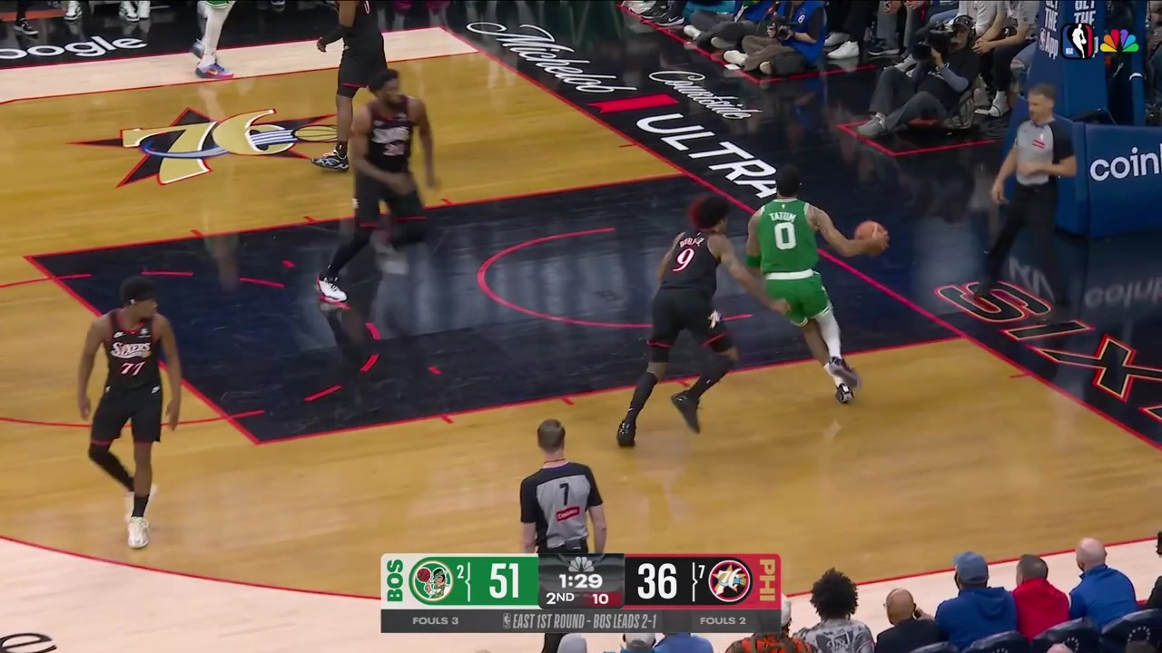 Joel Embiid plays some great defense on Tatum and then draws a foul on the other end