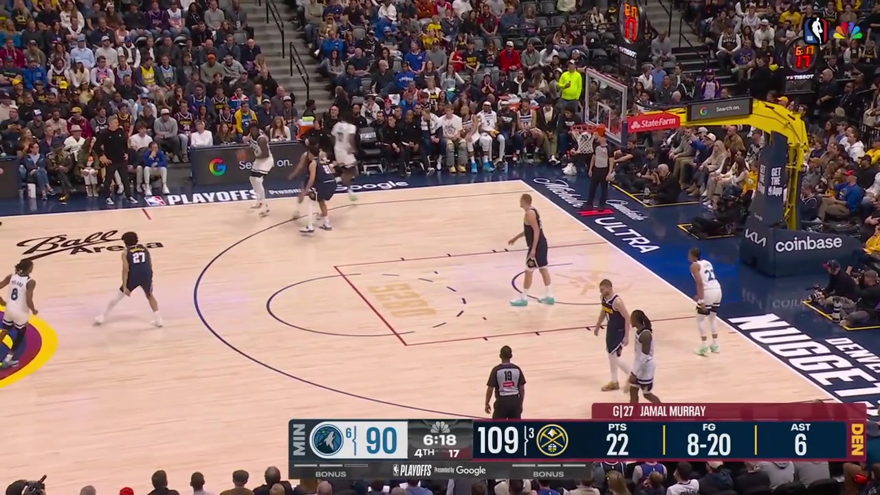 Julius Randle scores the layup off the spin move Ayo Dosunmu intercepts the inbound pass by Nikola Jokic and scores the layup and Bones Hyland with the fastbreak layup cutting the Nuggets' lead to 13 with 538 minutes remaining in regulation