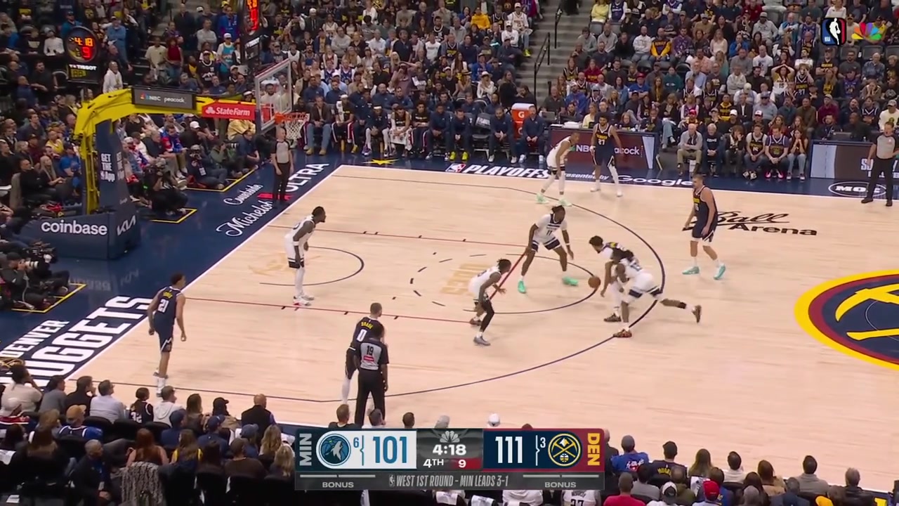Christian Braun hits a big 3 Spencer Jones strips Julius Randle on the drive attempt and Jamal Murray with the one-handed jam at the other end - Timberwolves timeout