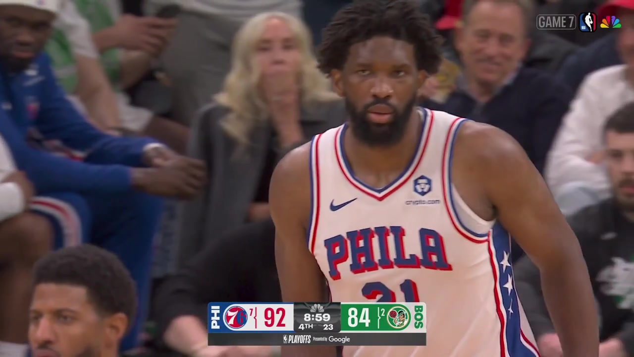 Jaylen Brown falls after a block off the whistle by Joel Embiid trying to prevent the And-1 and Brown gets up and shakes off the knee injury after some time on the floor with replaysEmbiid got a tech upon review