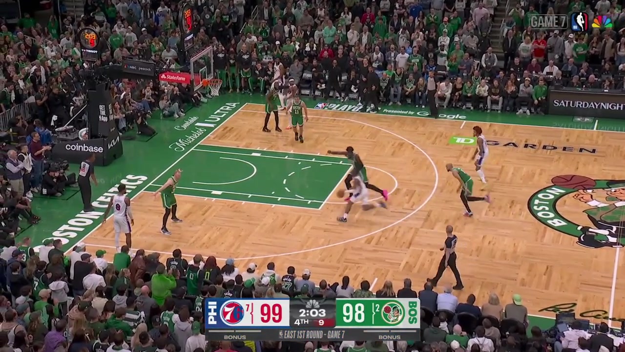 Tyrexe Maxey hits the clutch driving layup to put the 76ers up 3 Sam Hauser fumbles the pass by Jaylen Brown manages to save the ball and Brown drops Maxey on Joel Embiid's foot and misses the shotEmbiid is in pain