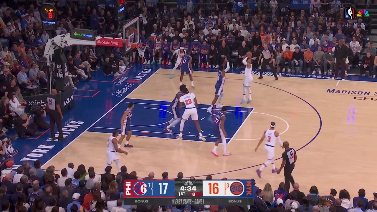 Jalen Brunson hits the jumper and 3-pointer over Paul George to give him 14 points early in the game and Joel Embiid with a step back jumper over Mitchell Robinson
