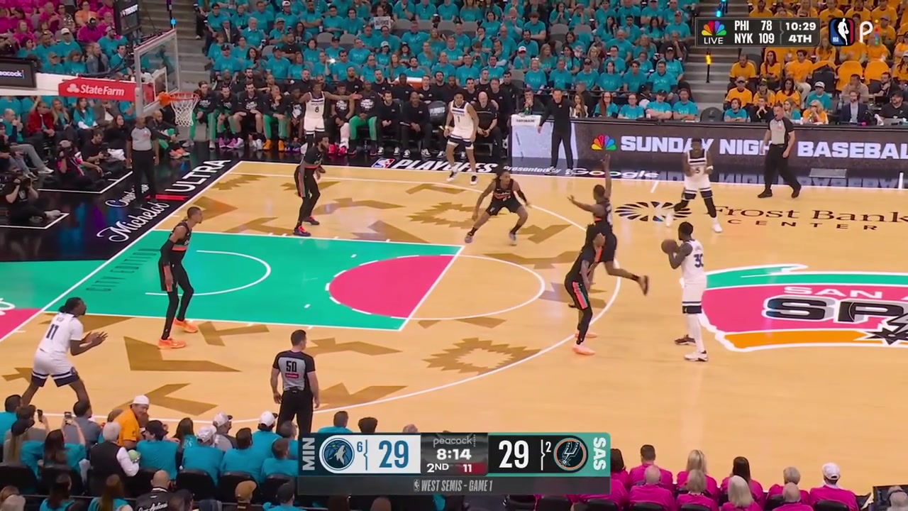 Victor Wembanyama blocks Julius Randle twice under the rim to force a 24-second violation on the Timberwolves with replays5th and 6th block for Wemby just 16 minutes into the gameDevin Vassell hits a 3 at the other end