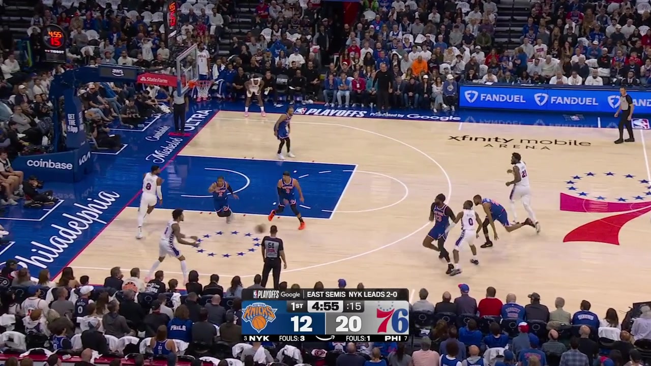 Paul George makes the step back 3 over Josh Hart off the dribble to give him 13 points with a replay