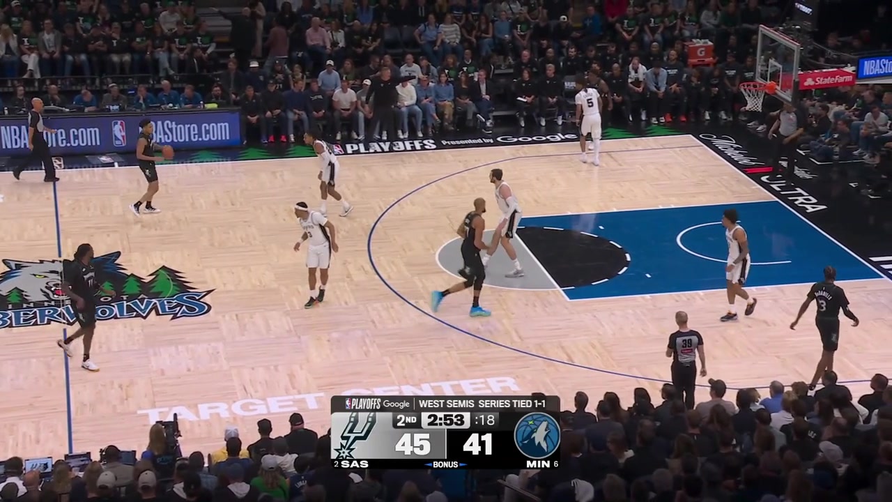 Rudy Gobert with the lefty putback dunk and Terrence Shannon Jr draws a charging foul from Stephon Castle as the Spurs' challenge on the call was not successful with replays