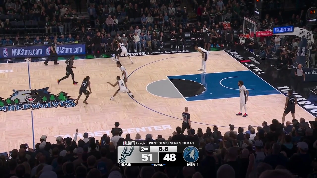 Jaden McDaniels buzzer-beater 3-pointer over Victor Wembanyama to end the 1st half with replaysThe initial And-1 due to a foul by Castle was deemed incidental and after the buzzer so no free throw