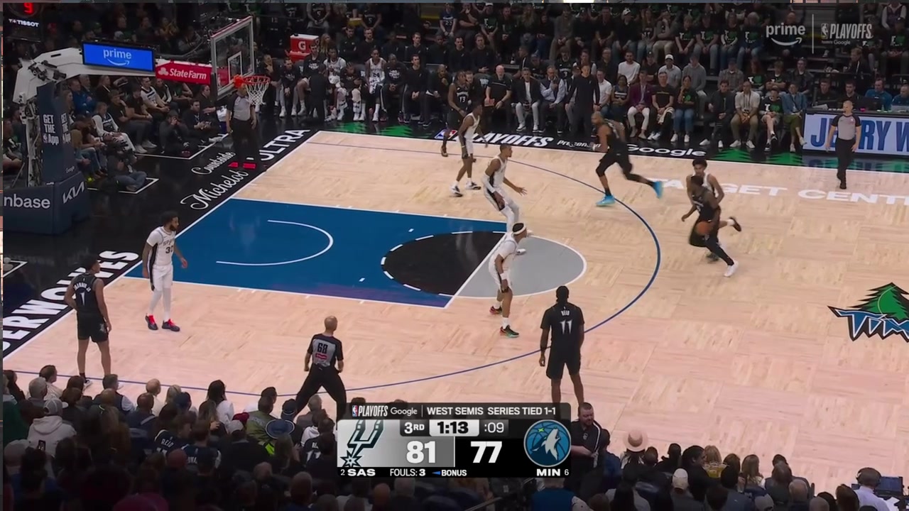 Wemby blocks Anthony Edwards' floater and turns around to air his frustration as Ant grabs onto Wemby's jersey to impede him from joining the break with replays